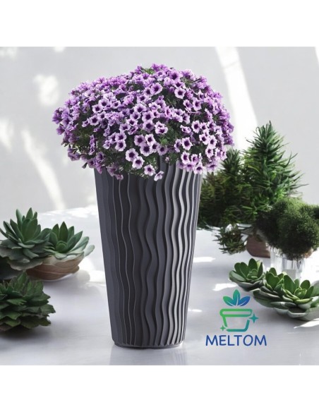 Macetero redondo 3XL alto Ø37 × 71 cm relieve ondulado, 45 L – Antracita | Töpferkönig