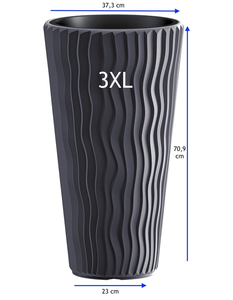 Pot haut rond 3XL Ø37 × 71 cm à relief ondulé avec système d'arrosage, 45 L – Anthracite | Töpferkönig