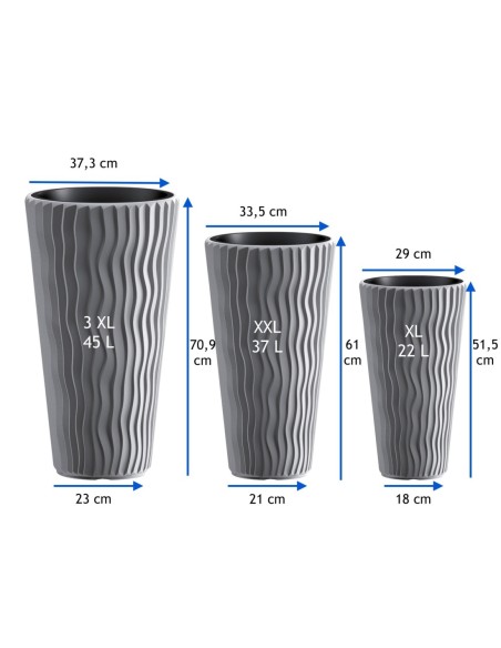 Pot haut rond 3XL Ø37 × 71 cm à relief ondulé, 45 L – Gris | Töpferkönig