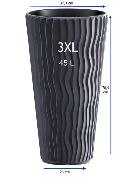 Macetero redondo 3XL alto Ø37 × 71 cm relieve ondulado con sistema de riego, 37 L – Gris | Töpferkönig