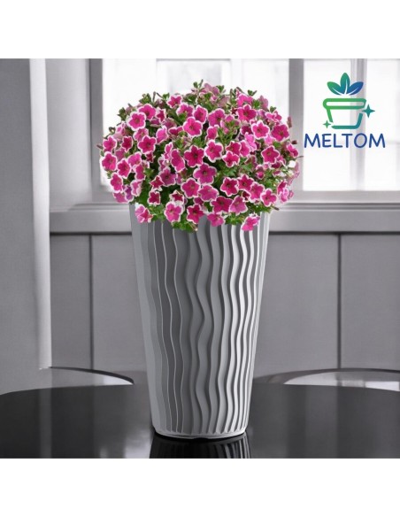 Fioriera rotonda 3XL alta Ø37 × 71 cm rilievo a onde con sistema di irrigazione, 37 L – Grigio | Töpferkönig