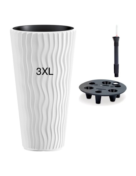 Pot haut rond 3XL Ø37 × 71 cm à relief ondulé avec système d'arrosage, 45 L – Blanc | Töpferkönig