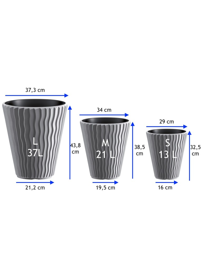 Bloempot rond L Ø37 × 44 cm golfreliëf, 37 L – Grijs | Töpferkönig