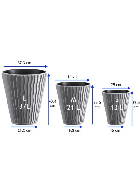 Bloempot rond L Ø37 × 44 cm golfreliëf, 37 L – Grijs | Töpferkönig