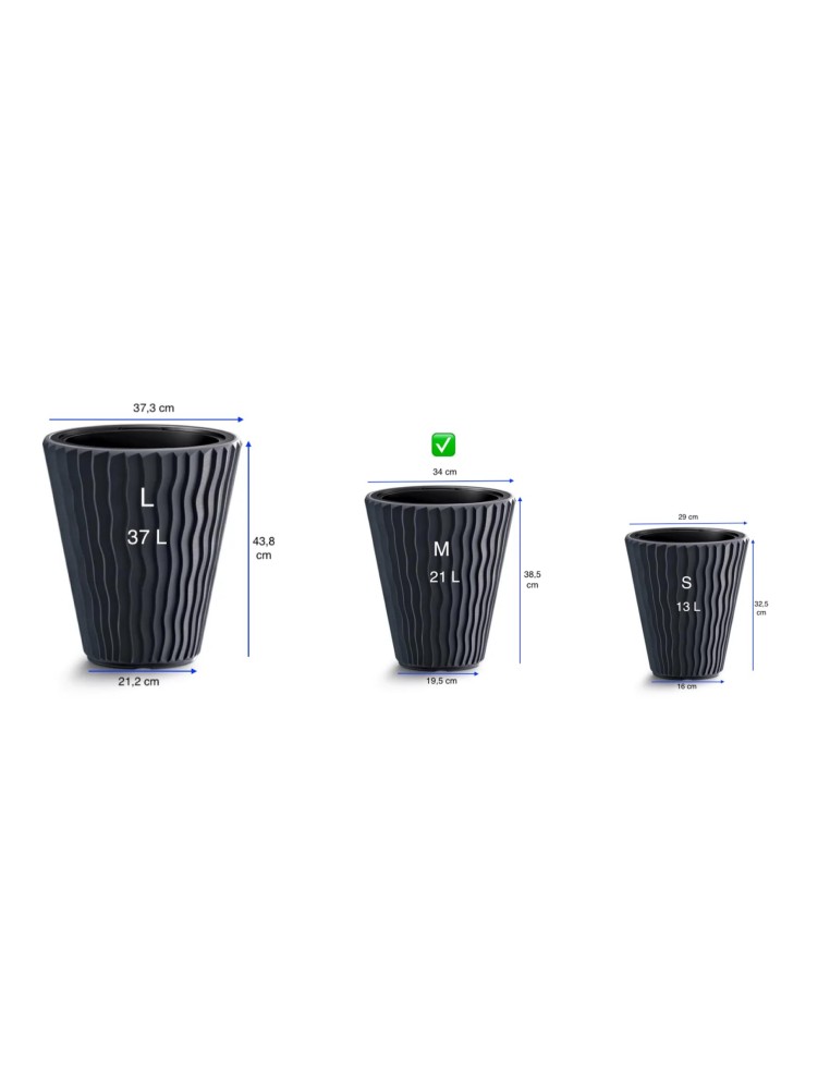 Pot de fleurs rond M Ø34 × 39 cm à relief ondulé, 21 L – Anthracite | Töpferkönig