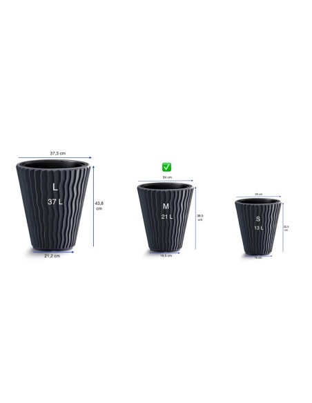 Blumentopf rund M Ø34 × 39 cm Wellenrelief, 21 L – Anthrazit | Töpferkönig