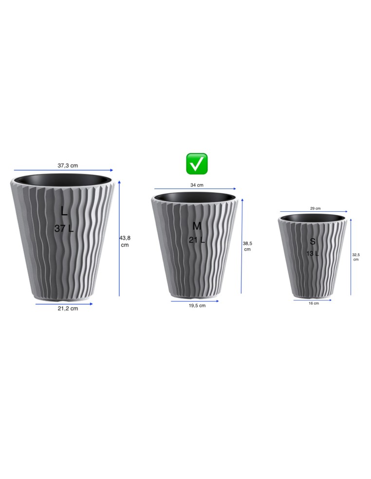 Pot de fleurs rond M Ø34 × 39 cm à relief ondulé, 21 L – Gris | Töpferkönig
