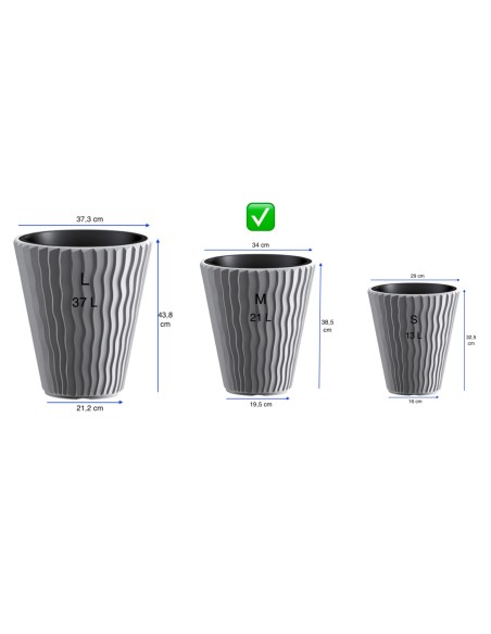 Pot de fleurs rond M Ø34 × 39 cm à relief ondulé, 21 L – Gris | Töpferkönig