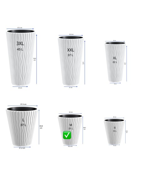 Maceta redonda M Ø34 × 39 cm relieve ondulado, 21 L – Blanco | Töpferkönig