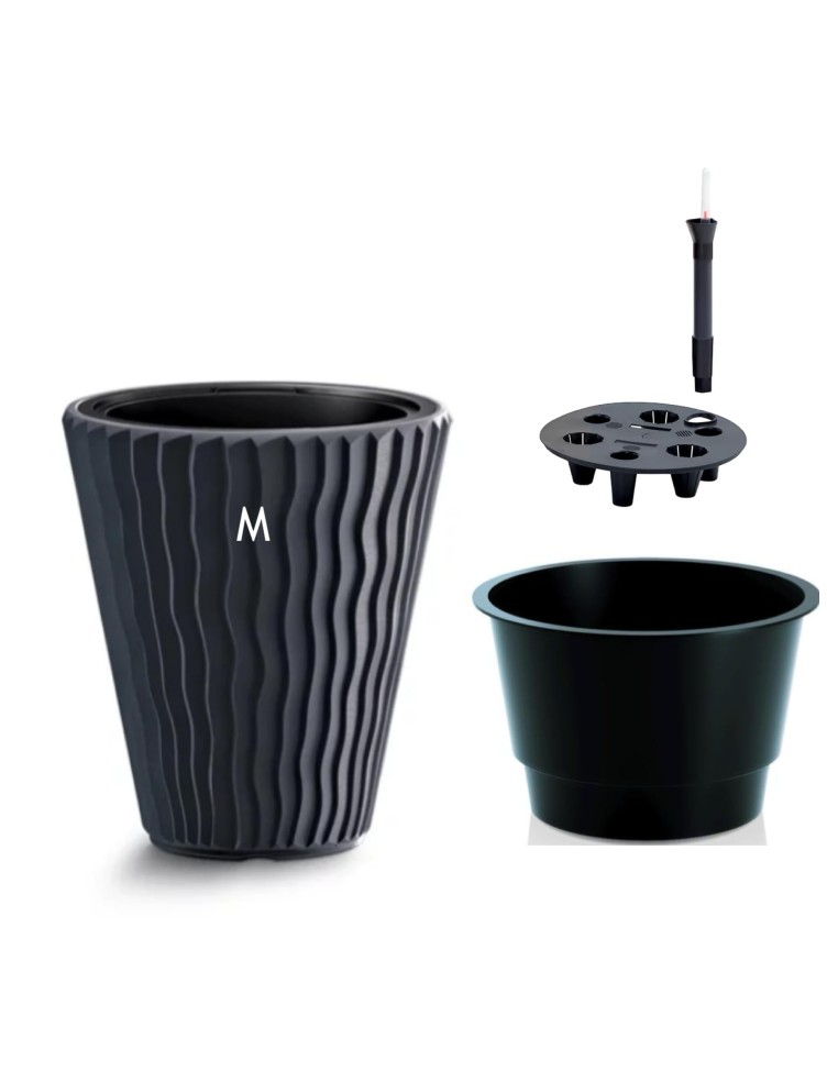 Bloempot rond M Ø34 × 39 cm golfreliëf met bewateringssysteem, 22 L – Antraciet | Töpferkönig