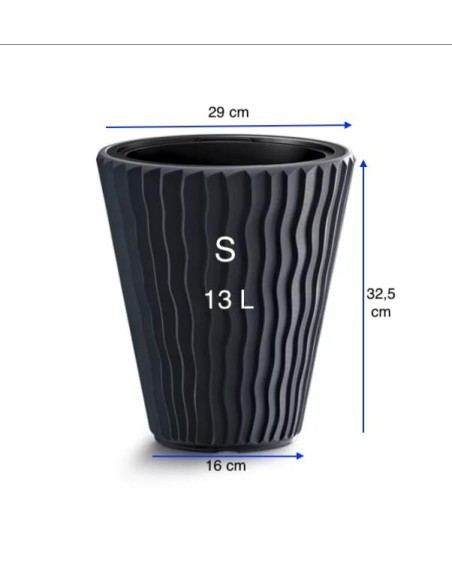 Vaso rotondo S Ø29 × 33 cm rilievo a onde con sistema di irrigazione, 13 L – Antracite | Töpferkönig
