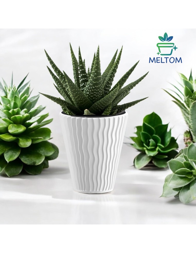 Pot de fleurs rond S Ø29 × 33 cm à relief ondulé avec système d'arrosage, 13 L – Blanc | Töpferkönig