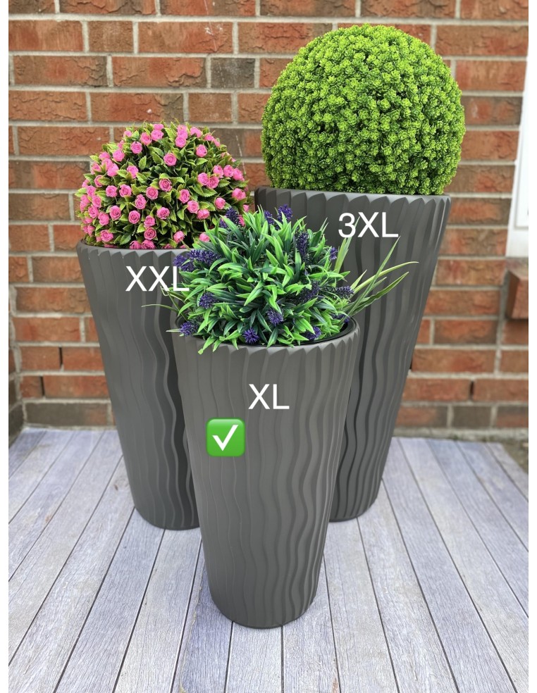Fioriera rotonda XL alta Ø29 × 52 cm rilievo a onde con sistema di irrigazione, 22 L – Grigio | Töpferkönig