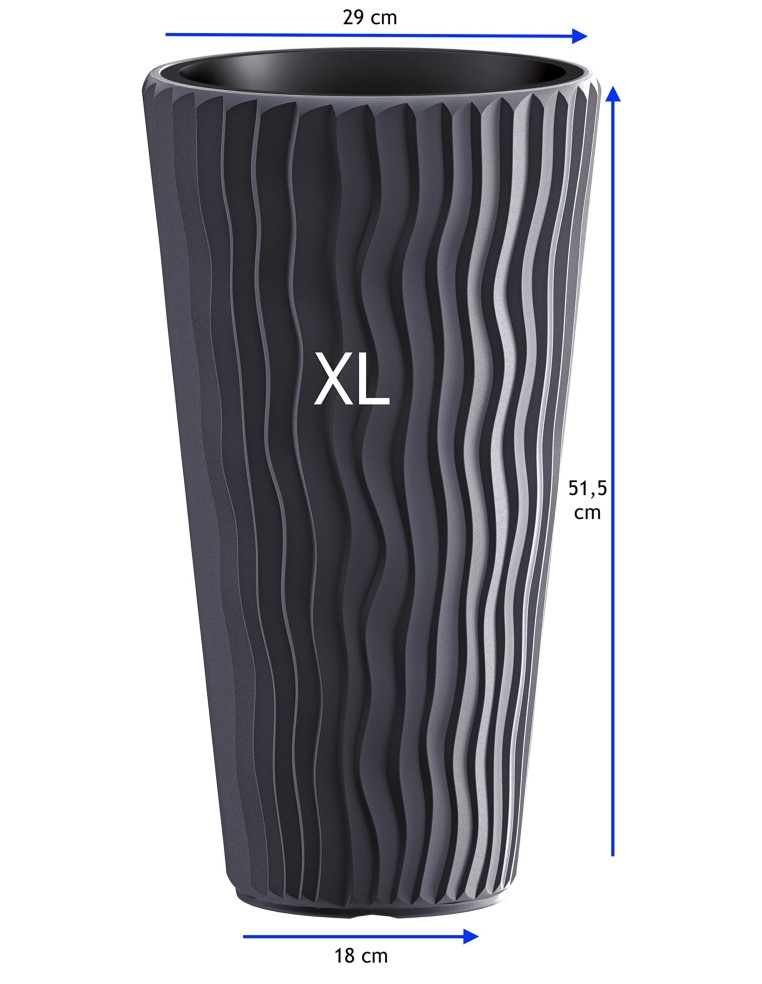 Pot haut rond XL Ø29 × 52 cm à relief ondulé avec système d'arrosage, 22 L – Anthracite | Töpferkönig