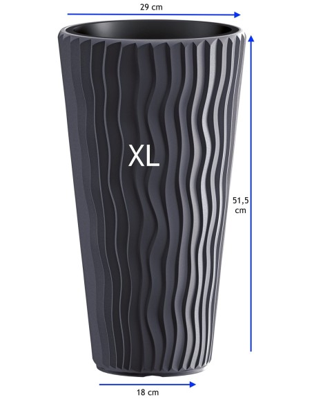 Pot haut rond XL Ø29 × 52 cm à relief ondulé avec système d'arrosage, 22 L – Anthracite | Töpferkönig