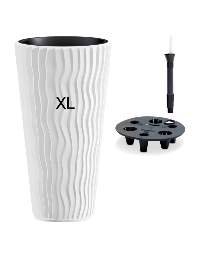 Pot haut rond XL Ø29 × 52 cm à relief ondulé avec système d'arrosage – Blanc | Töpferkönig