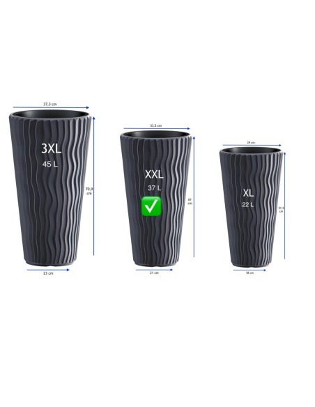 Fioriera rotonda XXL alta Ø34 × 61 cm rilievo a onde, 37 L – Antracite | Töpferkönig