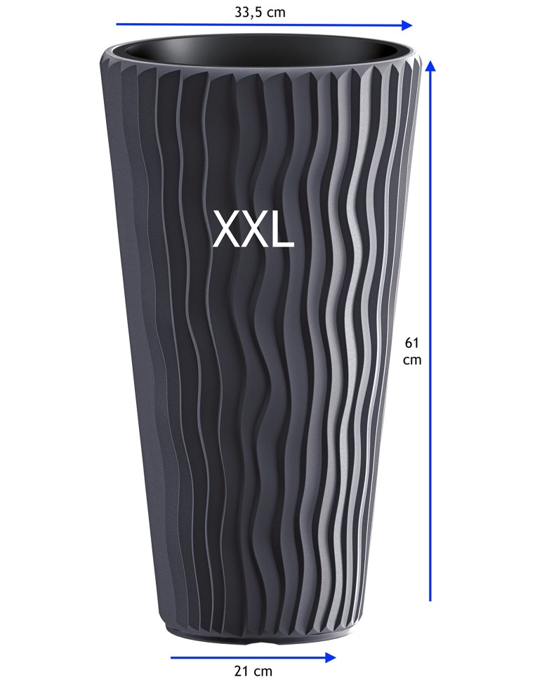 Blumenkübel rund XXL hoch Ø34 × 61 cm Wellenrelief mit Bewässerungssystem, 37 L – Anthrazit | Töpferkönig