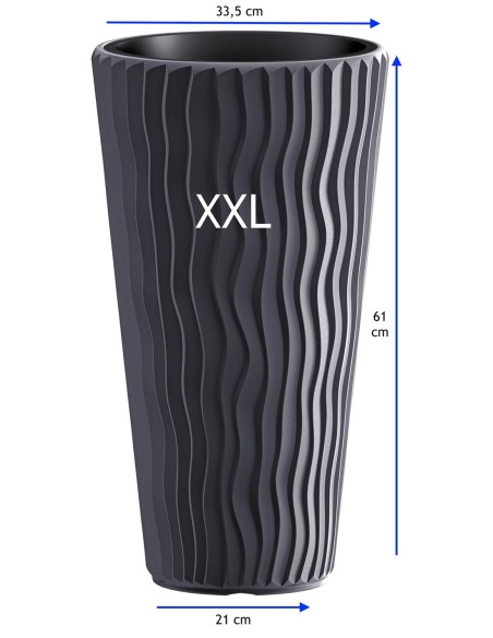 Macetero redondo XXL alto Ø34 × 61 cm relieve ondulado con sistema de riego, 37 L – Antracita | Töpferkönig