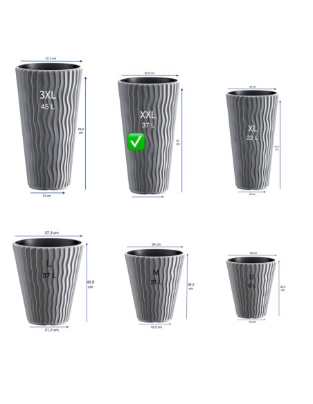 Plantenbak rond XXL hoog Ø34 × 61 cm golfreliëf, 37 L – Grijs | Töpferkönig
