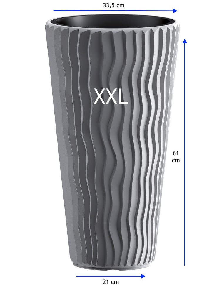 Blumenkübel rund XXL hoch Ø34 × 61 cm Wellenrelief mit Bewässerungssystem, 37 L – Grau | Töpferkönig