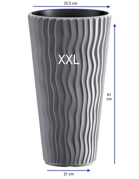 Pot haut rond XXL Ø34 × 61 cm à relief ondulé avec système d'arrosage, 37 L – Gris | Töpferkönig