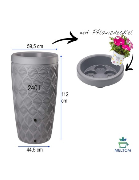 Depósito de agua de lluvia 240 L con relieve ondulado Ø60 × 112 cm – Platino | Töpferkönig