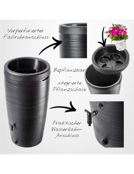 Récupérateur d'eau de pluie 240 L à structure lignée Ø60 × 112 cm – Noir | Töpferkönig