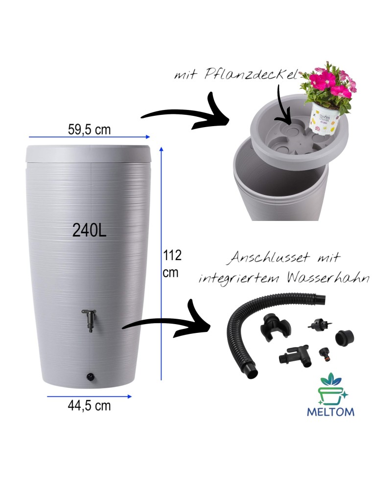 Récupérateur d'eau de pluie 240 L à structure lignée Ø60 × 112 cm – Gris clair | Töpferkönig