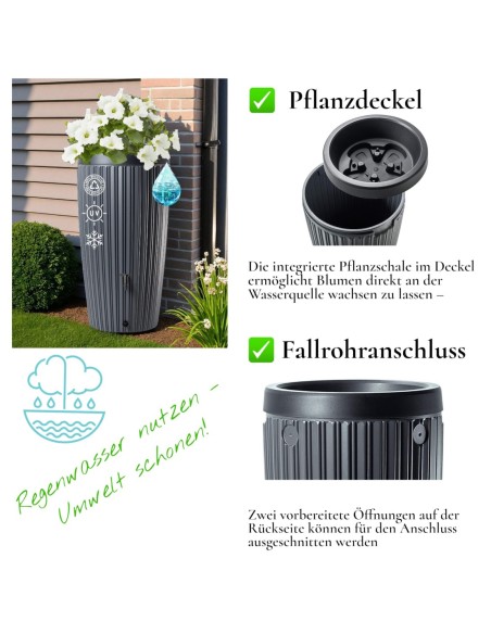Récupérateur d'eau de pluie 240 L à structure striée Ø60 × 112 cm – Anthracite | Töpferkönig