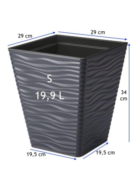 Maceta cuadrada S con relieve ondulado 29 × 29 × 34 cm, 19,9 L – Antracita | Töpferkönig