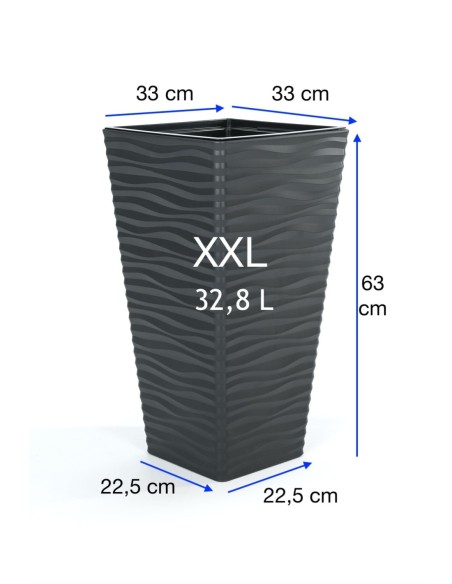 Pot haut carré XL à relief ondulé 29 × 29 × 56 cm, 32,8 L – Anthracite | Töpferkönig