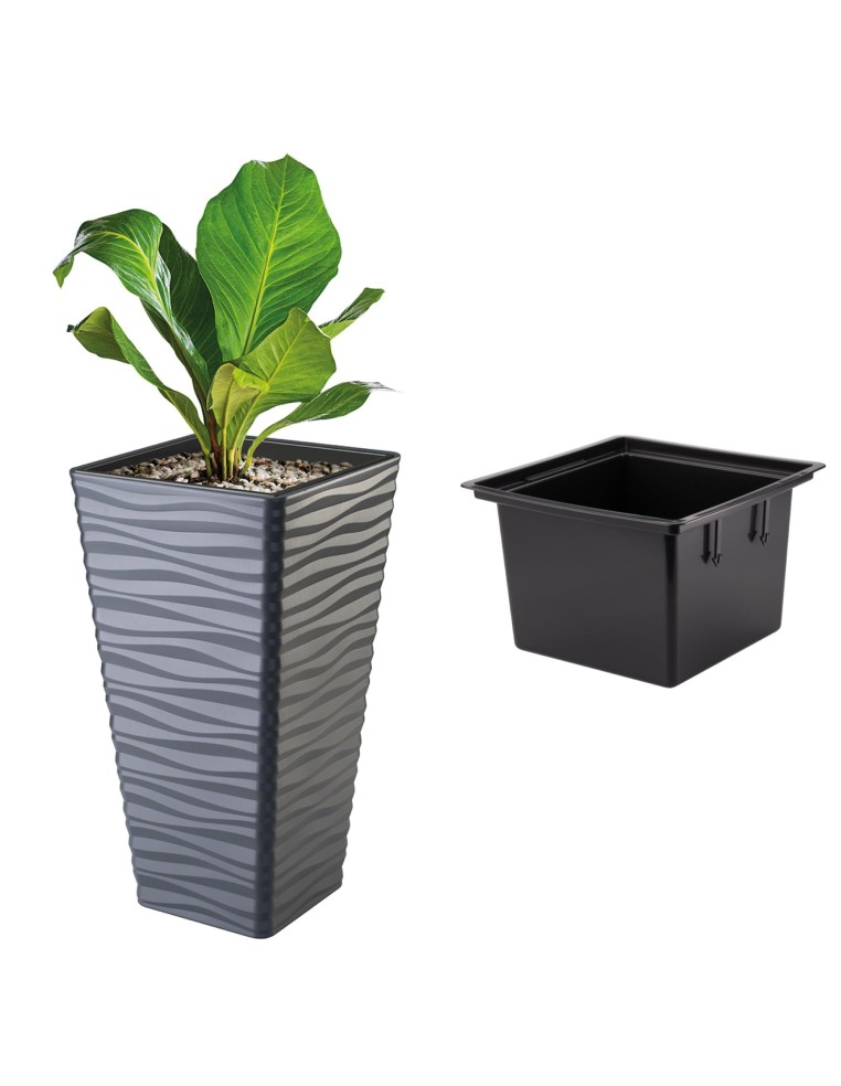 Plantenbak vierkant XL hoog met golfreliëf 29 × 29 × 56 cm, 32,8 L – Antraciet | Töpferkönig