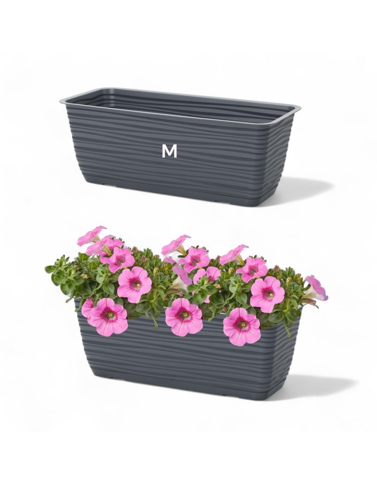 Jardinera de balcón con soporte y platillo 39 × 17 × 15 cm relieve ondulado, 5,7 L – Antracita | Töpferkönig