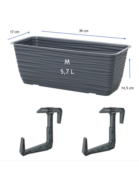 Cassetta da balcone con supporto e sottovaso 39 × 17 × 15 cm rilievo a onde, 5,7 L – Antracite | Töpferkönig