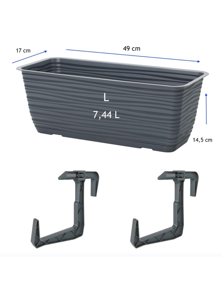 Cassetta da balcone con supporto e sottovaso 49 × 17 × 15 cm rilievo a onde, 7,4 L – Antracite | Töpferkönig