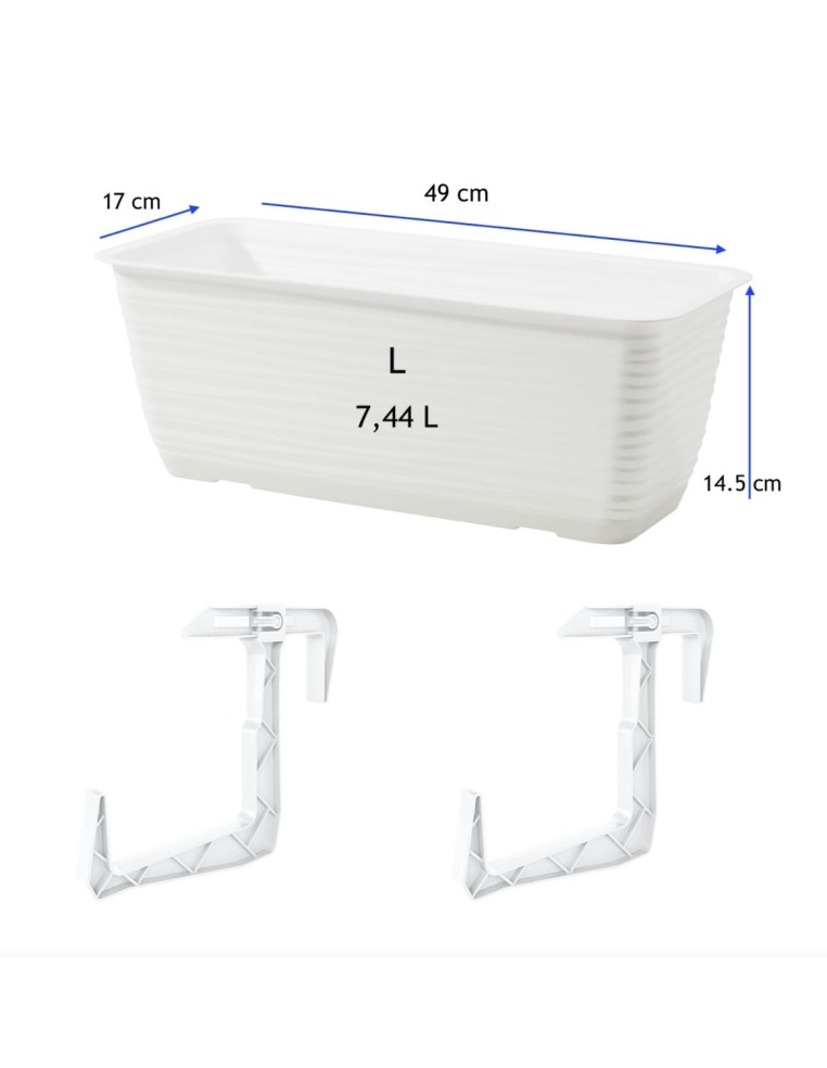 Jardinera de balcón con soporte y platillo 49 × 17 × 15 cm relieve ondulado, 7,4 L – Blanco | Töpferkönig