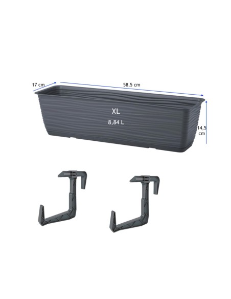 Cassetta da balcone con supporto e sottovaso 59 × 17 × 15 cm rilievo a onde, 8,8 L – Antracite | Töpferkönig