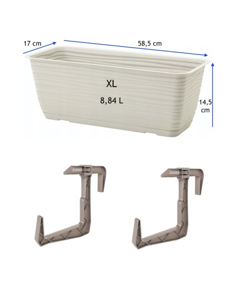 Balkonkasten mit Halter und Untersetzer 59 × 17 × 15 cm Wellenrelief, 8,8 L – Grau | Töpferkönig