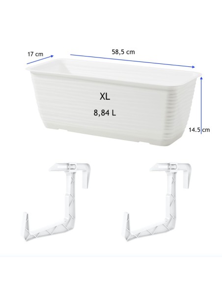 Jardinera de balcón con soporte y platillo 59 × 17 × 15 cm relieve ondulado, 8,8 L – Blanco | Töpferkönig
