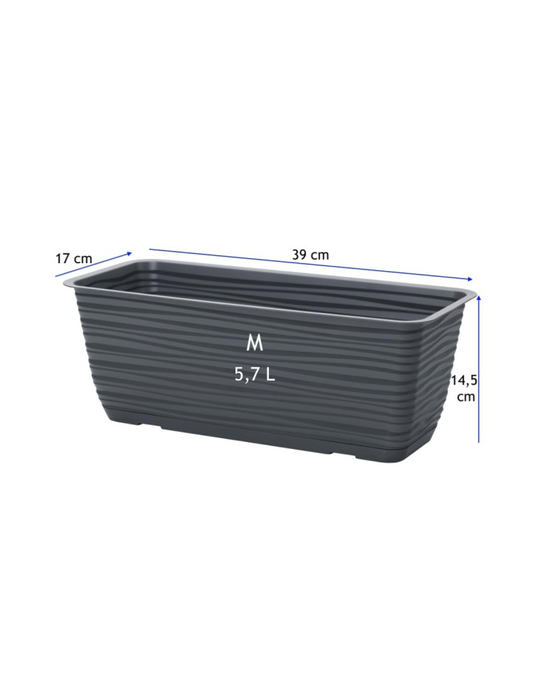 Balkonbak met onderschotel 39 × 17 × 15 cm golfreliëf, 5,7 L – Antraciet | Töpferkönig