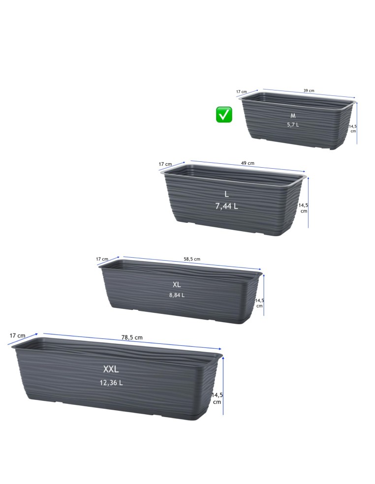 Cassetta da balcone con sottovaso 39 × 17 × 15 cm rilievo a onde, 5,7 L – Antracite | Töpferkönig