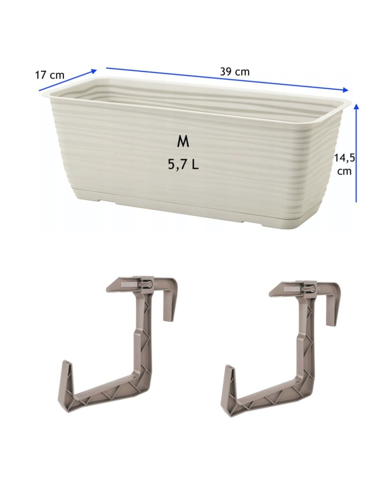 Balkonkasten mit Untersetzer 39 × 17 × 15 cm Wellenrelief, 5,7 L – Grau | Töpferkönig