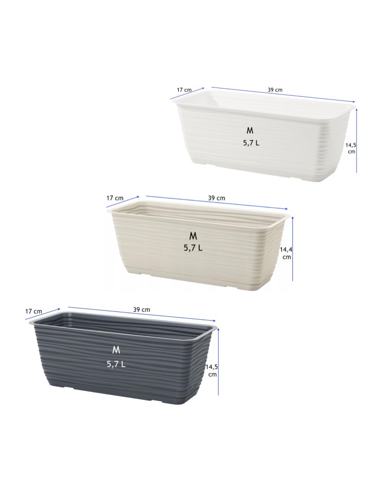 Balkonkasten mit Untersetzer 39 × 17 × 15 cm Wellenrelief, 5,7 L – Grau | Töpferkönig