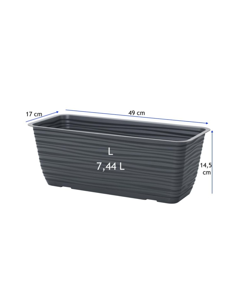 Jardinière de balcon avec soucoupe 49 × 17 × 15 cm relief ondulé, 7,4 L – Anthracite | Töpferkönig