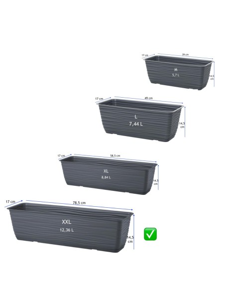 Cassetta da balcone con sottovaso 79 × 17 × 15 cm rilievo a onde, 12,4 L – Antracite | Töpferkönig