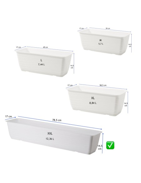 Cassetta da balcone con sottovaso 79 × 17 × 15 cm rilievo a onde, 12,4 L – Bianco | Töpferkönig