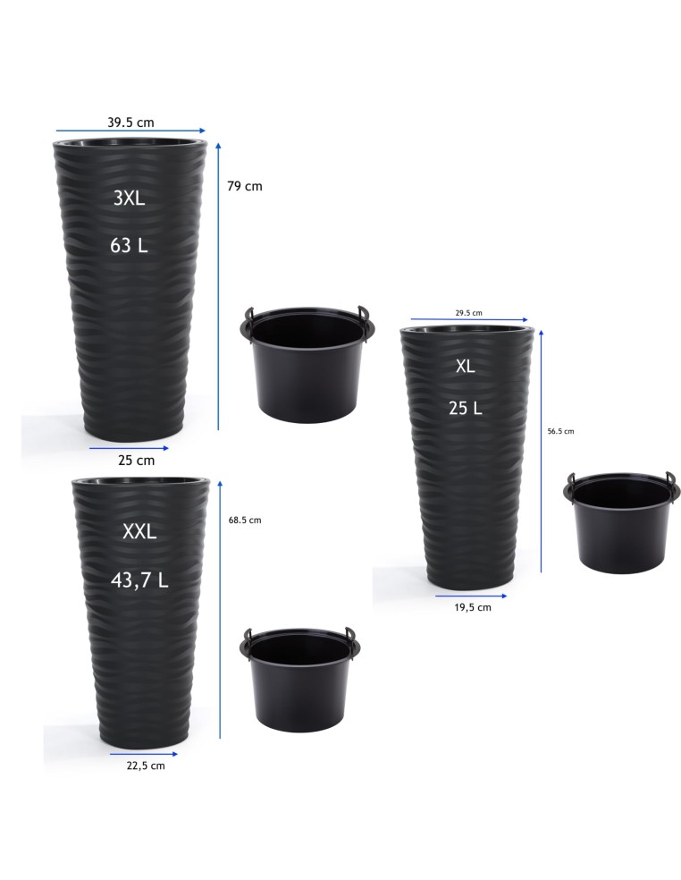 Set van 3 hoge ronde plantenbakken Ø30 × 57 + Ø35 × 69 + Ø40 × 79 cm mat – Zwart | Töpferkönig